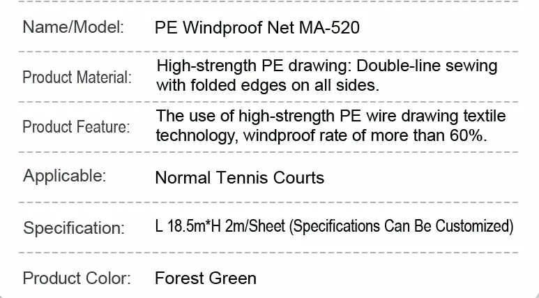 Tennis Court Windproof Net Windproof Rate of 60% Windbreak Net Sport Net